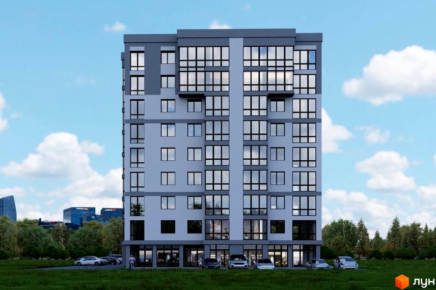 Житловий комплекс Сафрон. Багатоповерховий будинок з двоколірним сірим фасадом та численними вікнами, розташований серед зеленої території.