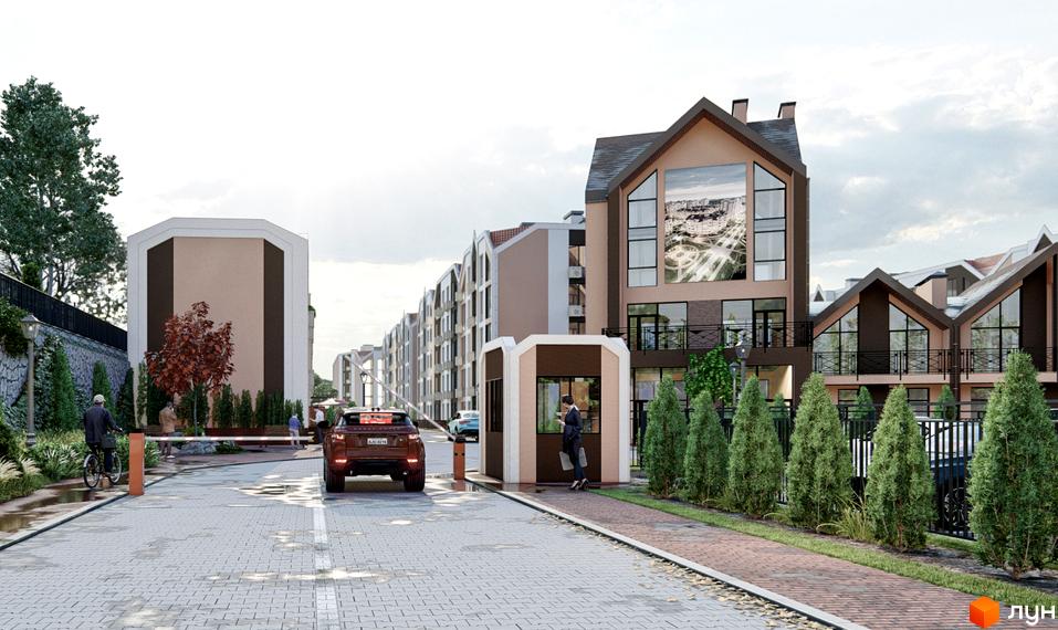 Житловий комплекс Smart Residence: фасади будинків з панорамними вікнами та прибудинкова територія з контролем доступу.