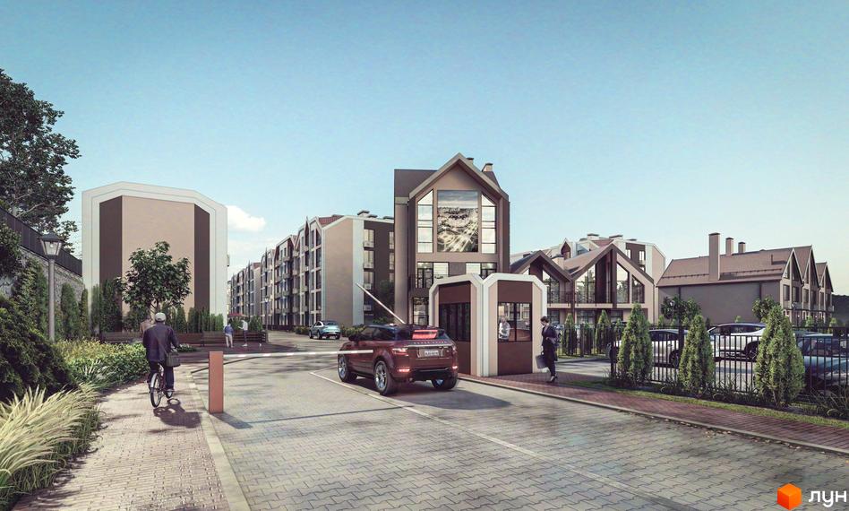 Зовнішній вигляд ЖК Smart Residence з сучасною архітектурою та доглянутою прибудинковою територією. Комплекс має огороджену територію та шлагбаум для контролю доступу.