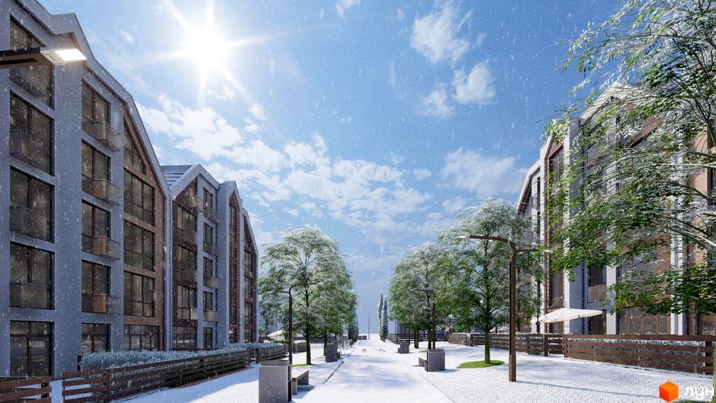 Зовнішній вигляд будинків житлового комплексу Smart Residence взимку. Прибудинкова територія з деревами та лавками, вкрита снігом.