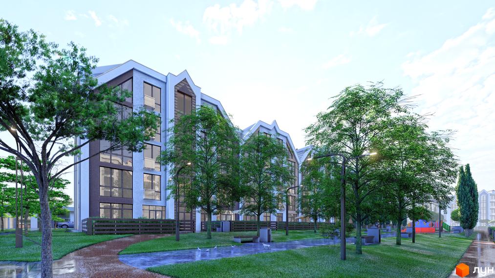 Житловий комплекс Smart Residence з багатоповерховими будинками та зеленою прибудинковою територією з деревами та стежками.