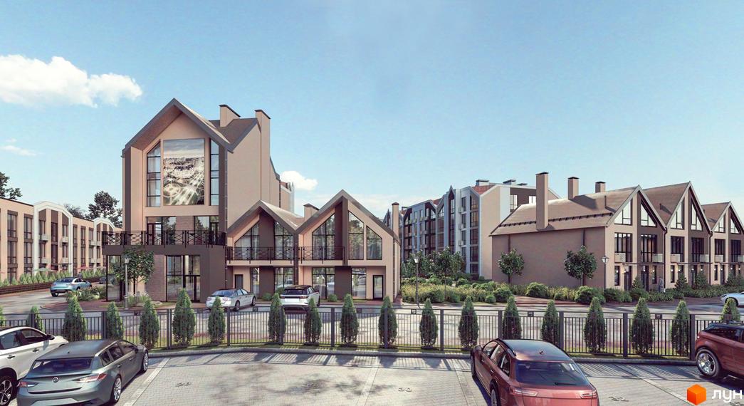Житловий комплекс Smart Residence: будинки зі скатними дахами, великими вікнами та балконами. Прибудинкова територія включає паркінг та озеленення.