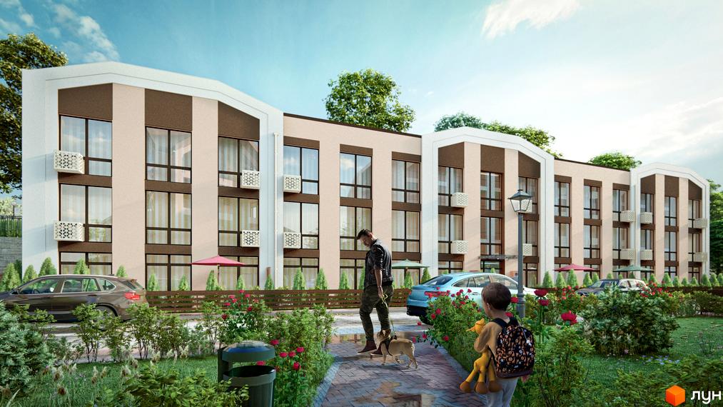 Житловий комплекс Smart Residence: фасади будівель з коричневими та бежевими елементами, вікнами та кондиціонерами. Прибудинкова територія з доріжками, рослинністю та автомобілями.