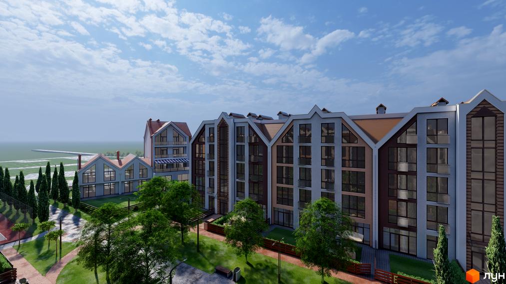 Житловий комплекс Smart Residence: багатоповерхові будинки з мансардними дахами та великими вікнами, оточені зеленими газонами та деревами, з видом на водойму.