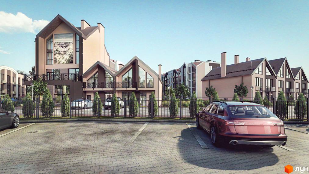 Житловий комплекс Smart Residence: фасади будинків з великими вікнами та балконами, паркінг з автомобілями, зелені насадження та паркан.