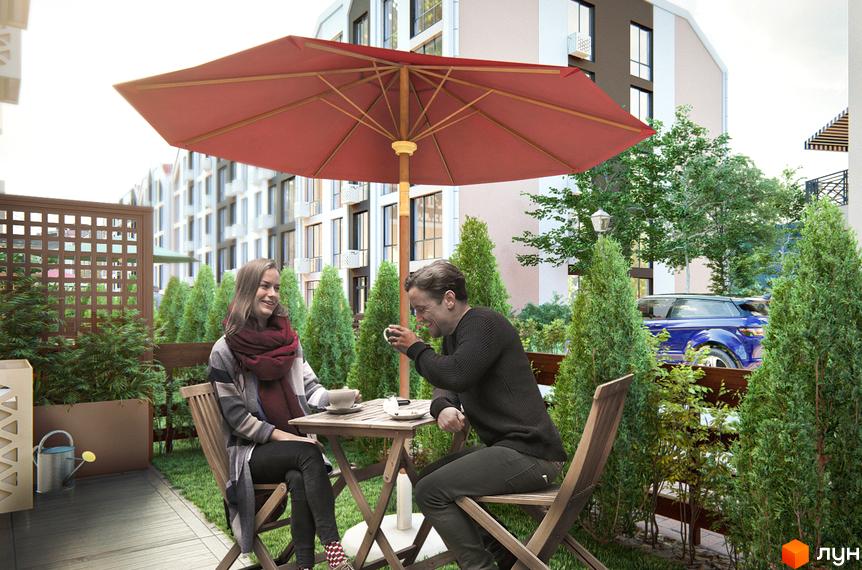 Житловий комплекс Smart Residence: сучасні будинки та затишна прибудинкова територія з місцем для відпочинку на свіжому повітрі.
