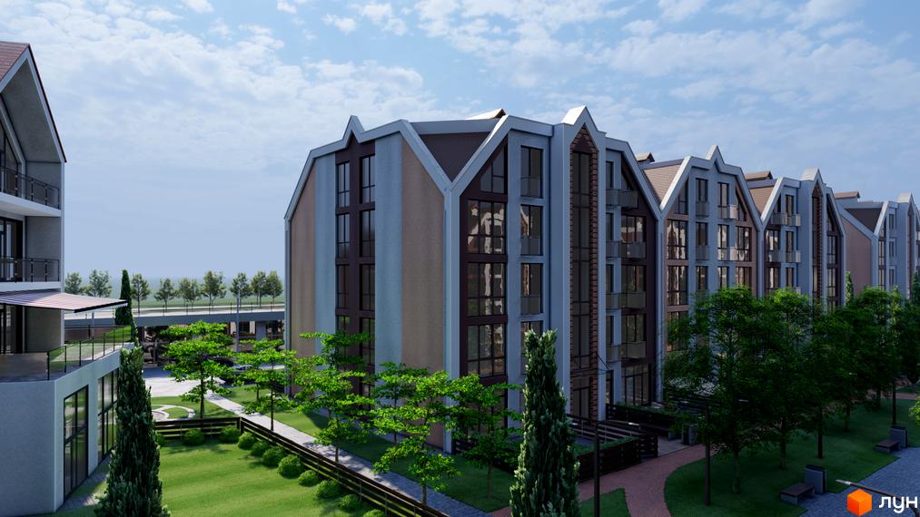 Зовнішній вигляд будинків ЖК Smart Residence з багатоповерховими квартирами та прибудинковою територією з деревами та газонами.