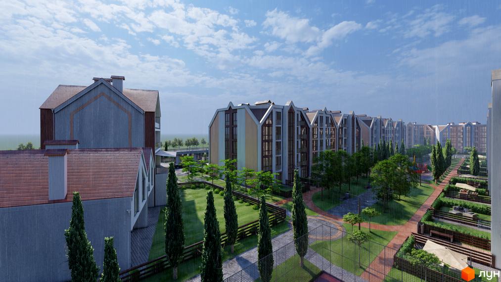 Житловий комплекс Smart Residence з багатоповерховими будинками та доглянутою прибудинковою територією з зеленими насадженнями та зонами відпочинку.