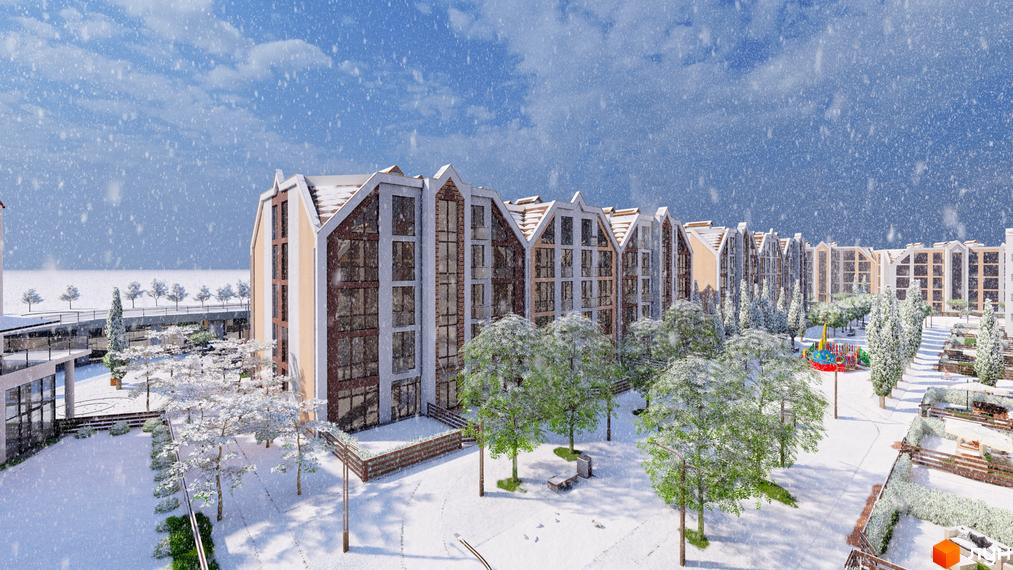 Житловий комплекс Smart Residence з багатоповерховими будинками та засніженою прибудинковою територією, дитячим майданчиком та деревами.