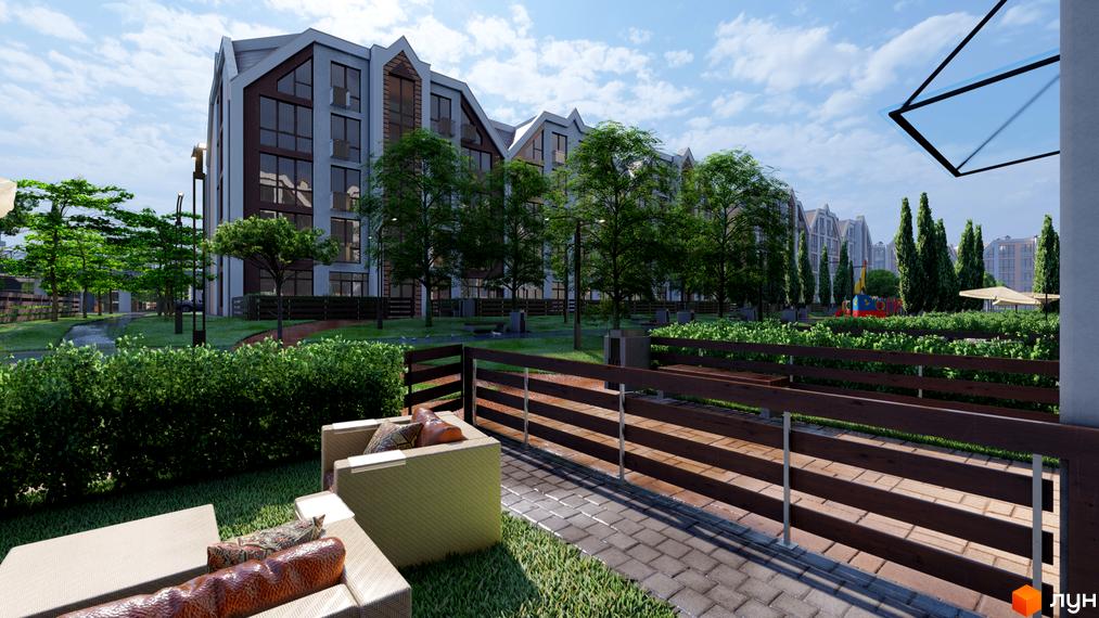 Житловий комплекс Smart Residence з багатоповерховими будинками та зеленою прибудинковою територією з дитячим майданчиком.