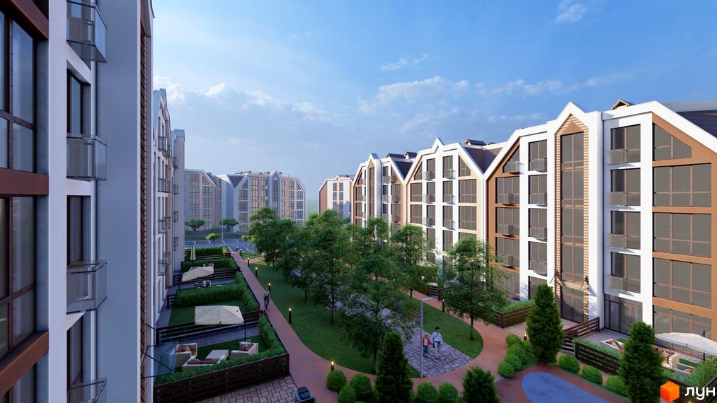 Житловий комплекс Smart Residence: будинки зі світлими та коричневими фасадами, великими вікнами. Облаштована зелена територія з доріжками та зонами відпочинку.