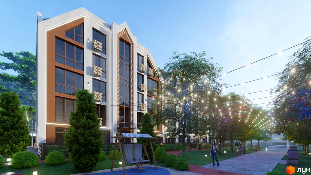 Житловий комплекс Smart Residence з сучасним фасадом та затишною прибудинковою територією з освітленням та зеленими насадженнями.