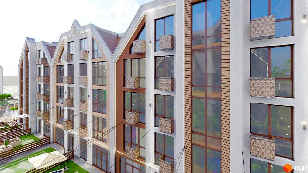 Фасад житлового комплексу Smart Residence з балконами та великими вікнами, зелена прибудинкова територія з зонами відпочинку.