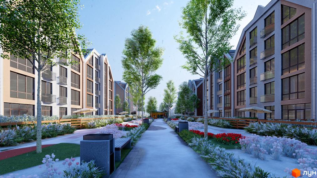 Житловий комплекс Smart Residence: фасади будинків з великими вікнами та балконами, алея з квітами та деревами, лавки та дитячий майданчик.
