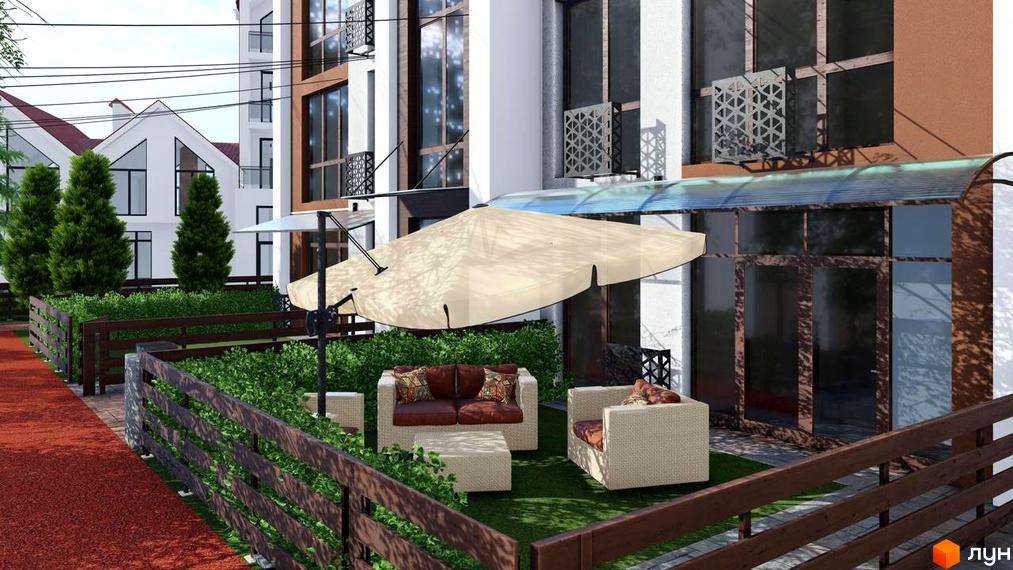 Житловий комплекс Smart Residence. Зовнішній вигляд будинку з терасою та зоною відпочинку з плетеними меблями під великою парасолею.