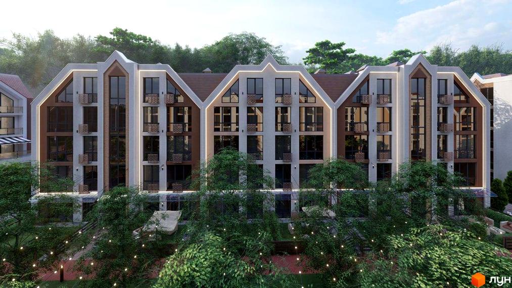 Зовнішній вигляд новобудови Smart Residence з багаторівневими дахами та балконами, оточеної зеленню та гірляндами.