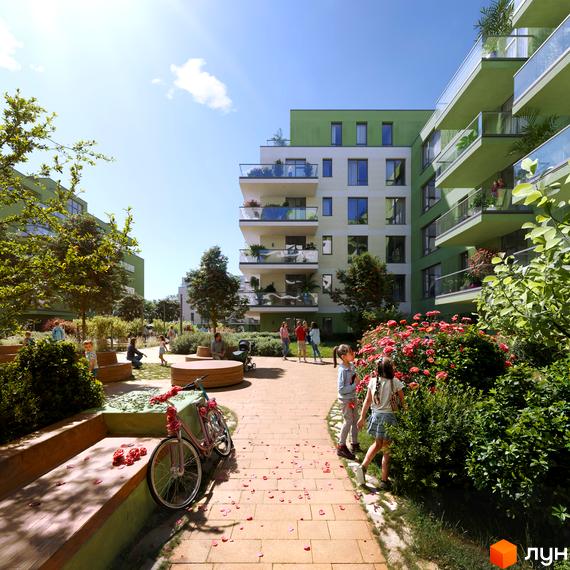 Житловий комплекс Residence City з зеленими фасадами та балконами, оточений доглянутою прибудинковою територією з квітами та місцями для відпочинку.