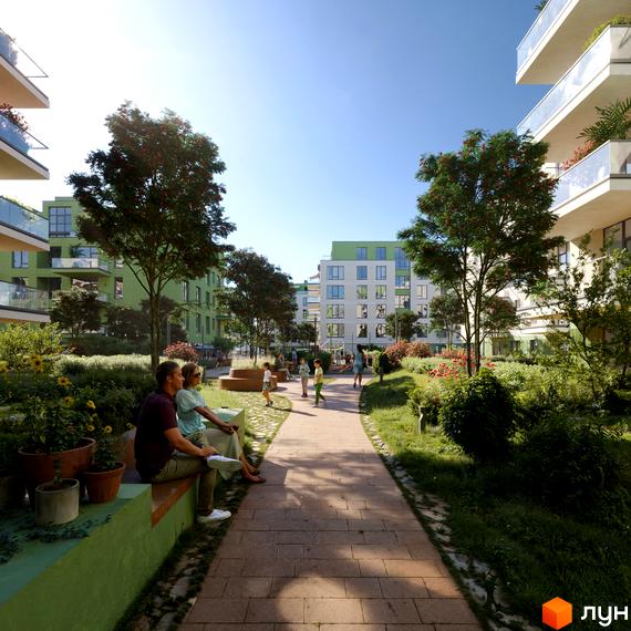 Житловий комплекс Residence City з зеленими фасадами та скляними балконами, оточений доглянутою прибудинковою територією з деревами та квітами.