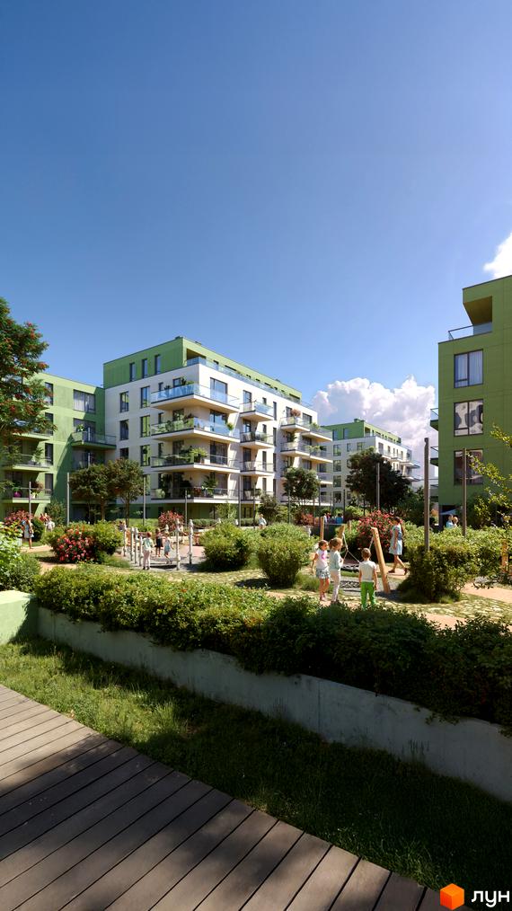 Житловий комплекс Residence City з зеленими фасадами та просторими балконами, дитячим майданчиком та зеленими зонами відпочинку.