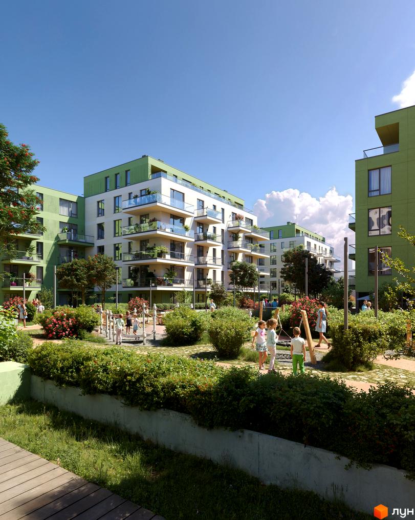Житловий комплекс Residence City з зеленими фасадами та балконами, дитячим майданчиком та зоною відпочинку. Сучасна архітектура та облаштована прибудинкова територія.