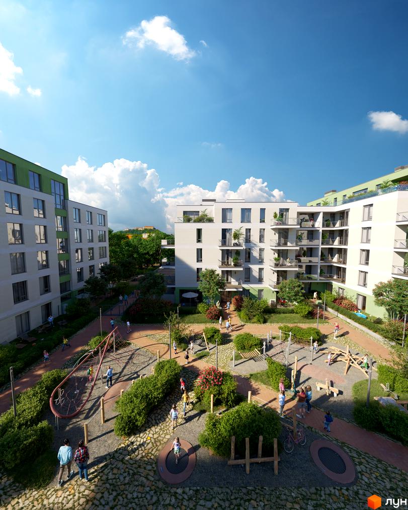 Житловий комплекс Residence City з дитячим майданчиком та зонами відпочинку. Сучасні будинки з балконами та зеленою прибудинковою територією.
