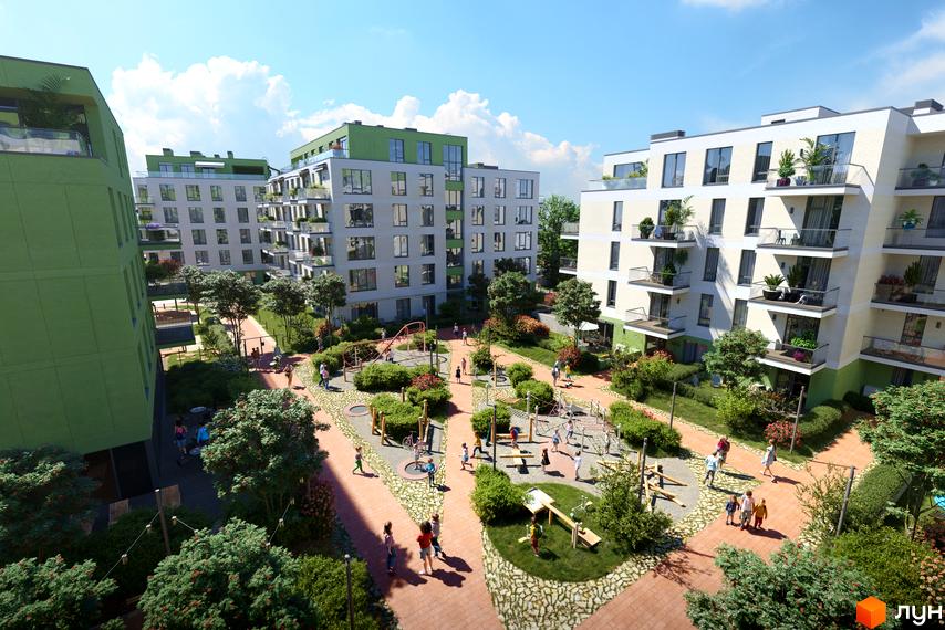 Житловий комплекс Residence City з яскравими фасадами та дитячим майданчиком з різноманітними ігровими зонами. Зелені насадження та зручні доріжки створюють комфортне середовище для мешканців.