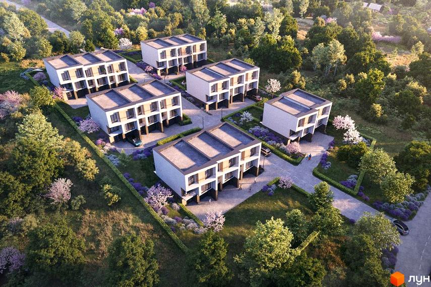 Таунхауси Blooming Garden Porshna: триповерхові будинки з панорамними вікнами та терасами, оточені зеленню та квітучими деревами.