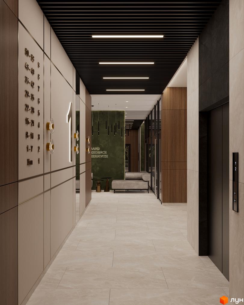Вхідна група житлового комплексу Grand Residence Chernivtsi з просторим коридором, дерев'яними панелями, світлою підлогою та ліфтом.