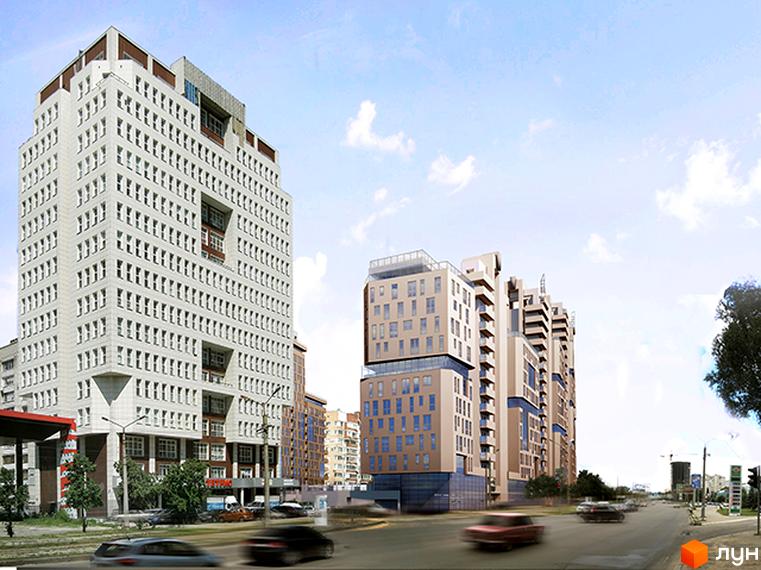 Зовнішній вигляд житлового комплексу Павловський квартал з білою фасадною стіною та великими вікнами. Навколо комплексу розташована дорога з автомобілями та зелені насадження.