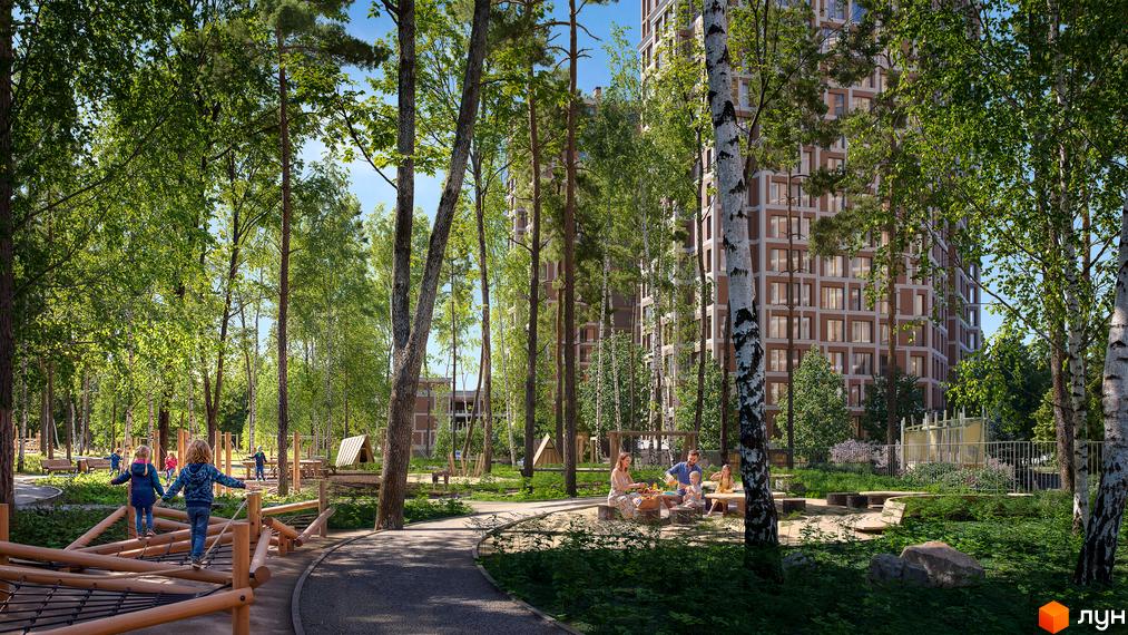 Житловий комплекс Echo Park: висотна новобудова з цегляним фасадом та прибудинковою територією з дитячим майданчиком та місцями для відпочинку.