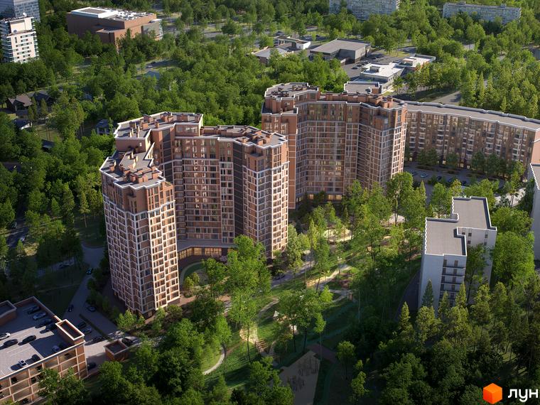 Житловий комплекс Echo Park - це багатоповерхові будинки з цегляним фасадом, оточені зеленою прибудинковою територією з дитячими майданчиками.