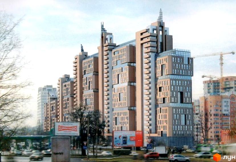 Житловий комплекс Павловський квартал - це сучасна багатоповерхова будівля з оригінальною архітектурою та скляними фасадами. Навколо комплексу розташовані дерева та міська інфраструктура.