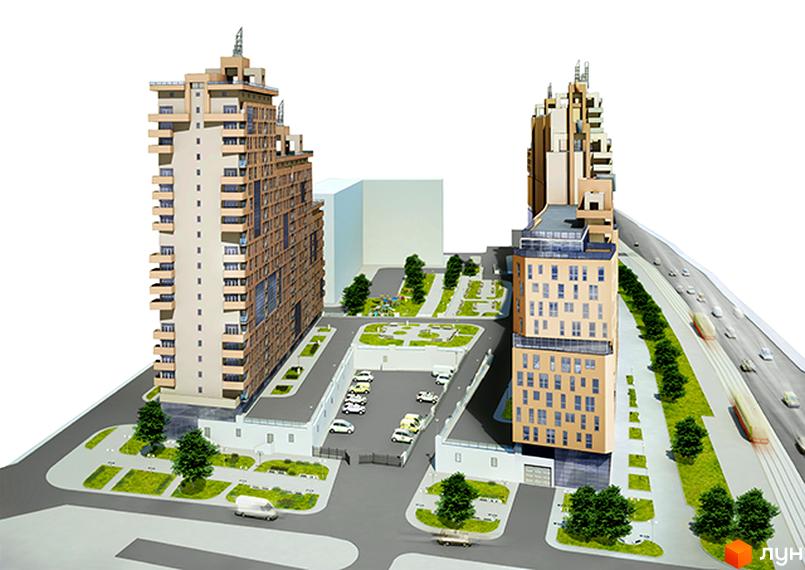 Житловий комплекс Павловський квартал: двосекційна багатоповерхова новобудова з балконами та панорамними вікнами. Прибудинкова територія з паркінгом, зеленими зонами та дитячим майданчиком.