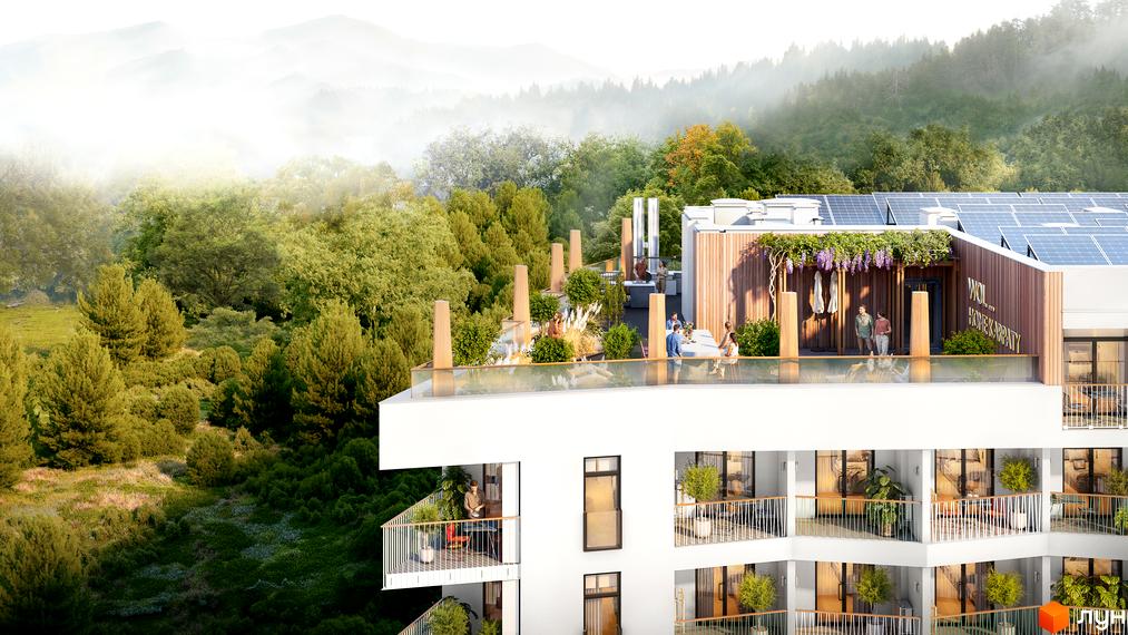 WOL. Home. Karpaty - новобудова з балконами та терасою, оточена зеленими схилами гір. Зовнішній вигляд будинку та прибудинкова територія.