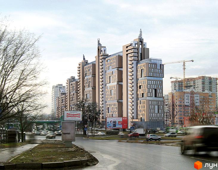 Житловий комплекс Павловський квартал - сучасна архітектура, багатоповерхові будинки з панорамними вікнами, зелена прибудинкова територія, міська інфраструктура.