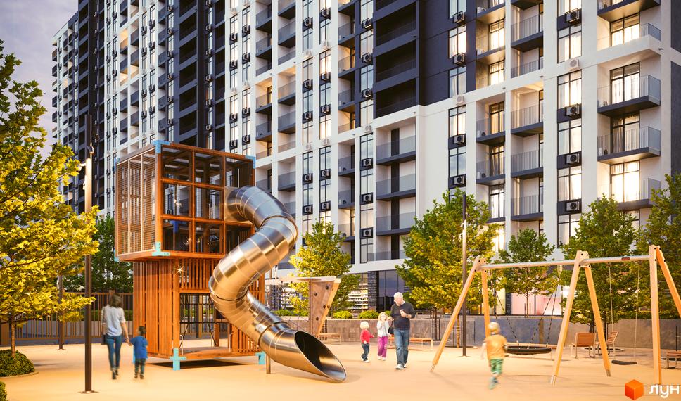 Новобудова ЖК CITY PARK з дитячим майданчиком та гойдалками. Сучасний житловий комплекс з багатоповерховими будинками та зеленими зонами.
