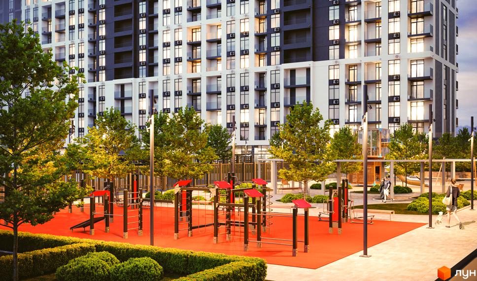Житловий комплекс CITY PARK з багатоповерховим будинком у біло-темних тонах та дитячим майданчиком з червоним покриттям, деревами та кущами.