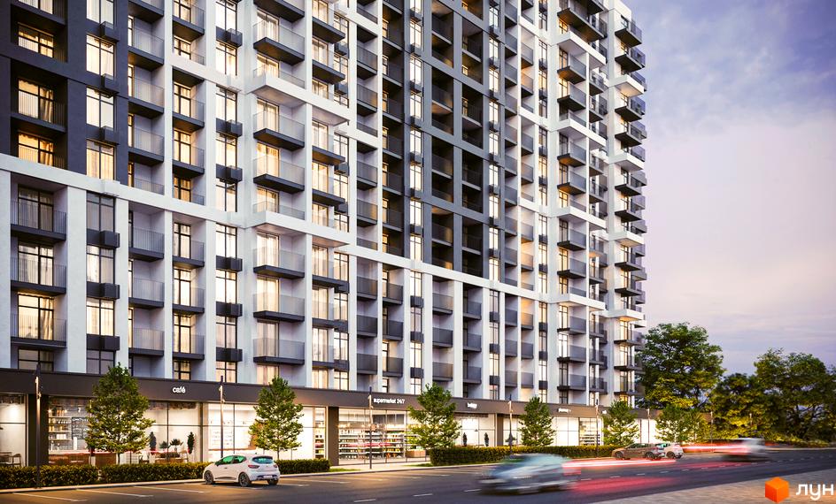 Житловий комплекс CITY PARK: багатоповерховий будинок з біло-сірим фасадом, комерційними приміщеннями на першому поверсі та дорогою з автомобілями.