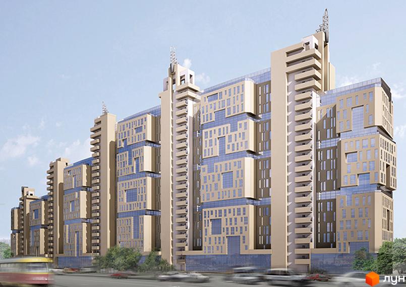 Житловий комплекс Павловський квартал - це багатоповерховий будинок з незвичайною архітектурою та панорамним склінням. Навколо комплексу розташована зелена зона та дорога з автомобілями.