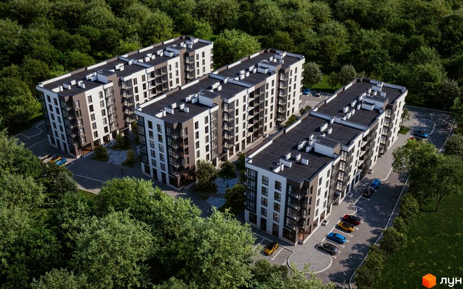 Житловий комплекс GREENHOUSE KALYNIV: багатоповерхові будинки біло-коричневого кольору з балконами, прибудинкові парковки та зелений ліс навколо.
