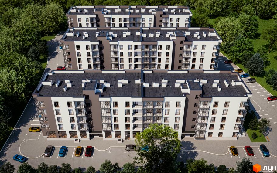 Житловий комплекс GREENHOUSE KALYNIV: кілька багатоповерхових будинків з біло-коричневими фасадами та балконами, розташовані серед зелених насаджень і парковок.