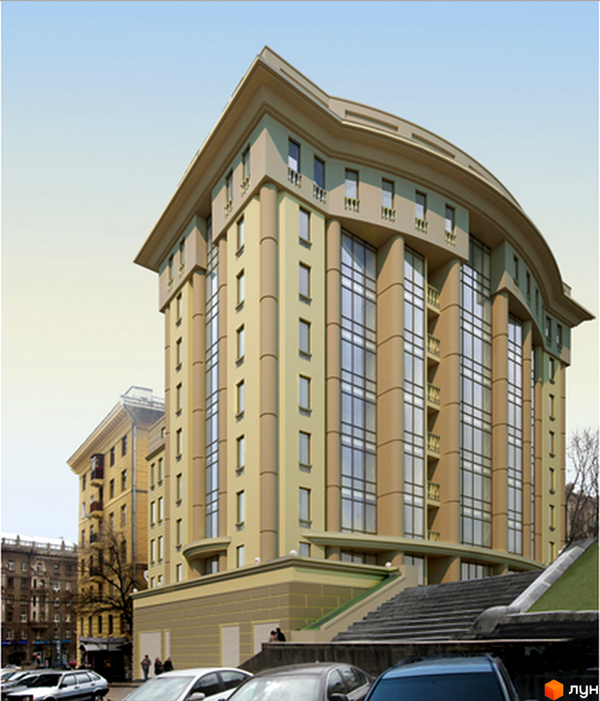 Житловий комплекс Квітка – це багатоповерхова новобудова з вигнутим фасадом, великими вікнами та балконами. Перед будинком розташовані сходи та парковка з автомобілями.