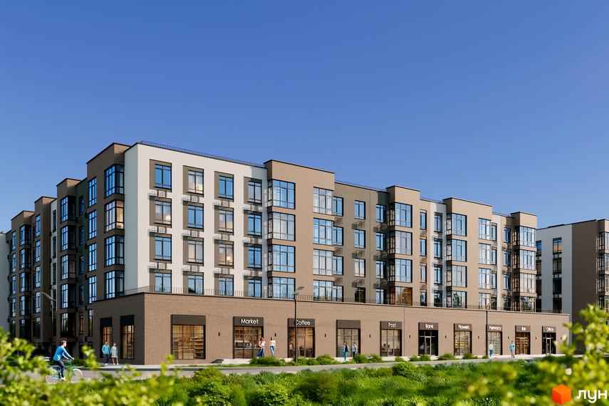 Житловий комплекс Комфортне містечко Residence - сучасна багатоповерхова новобудова з цегляним фасадом та великими вікнами. На першому поверсі розташовані комерційні приміщення.