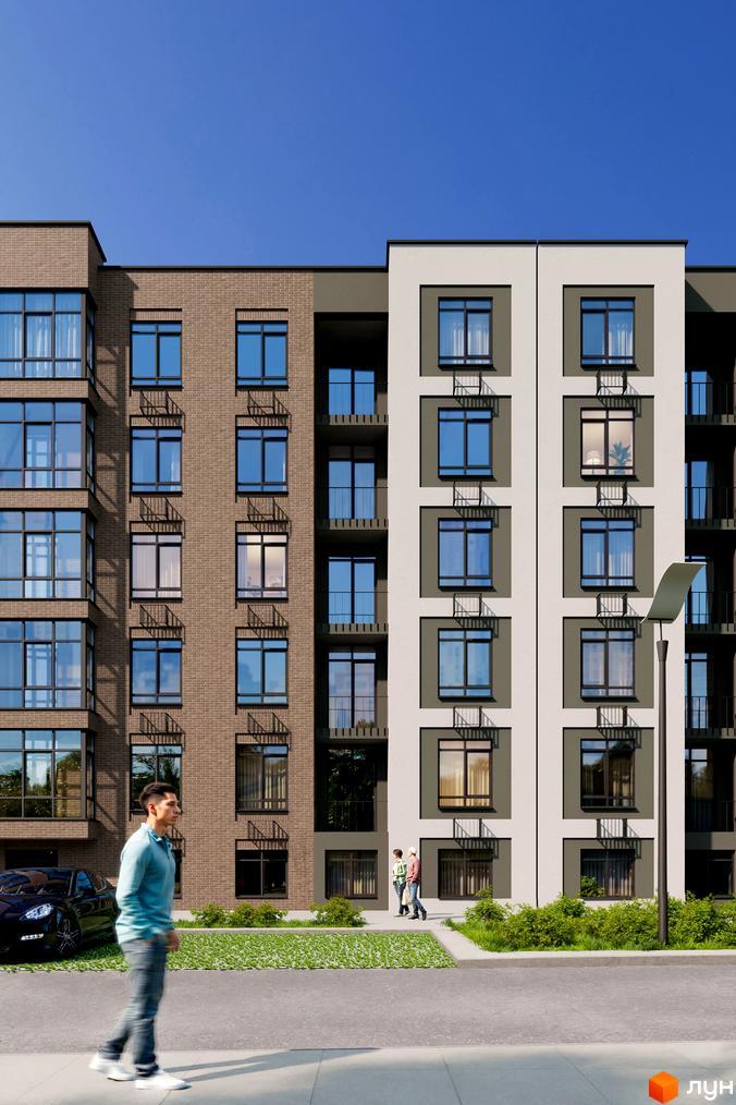 Житловий комплекс Комфортне містечко Residence. Зовнішній вигляд будинку з цегляним та білим фасадами, вікнами та балконами. Прибудинкова територія з зеленню та дорогою.