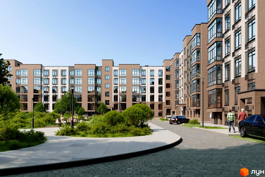 Житловий комплекс Комфортне містечко Residence: багатоповерхові будинки з цегляними фасадами. Прибудинкова територія з зеленими насадженнями та доріжками.