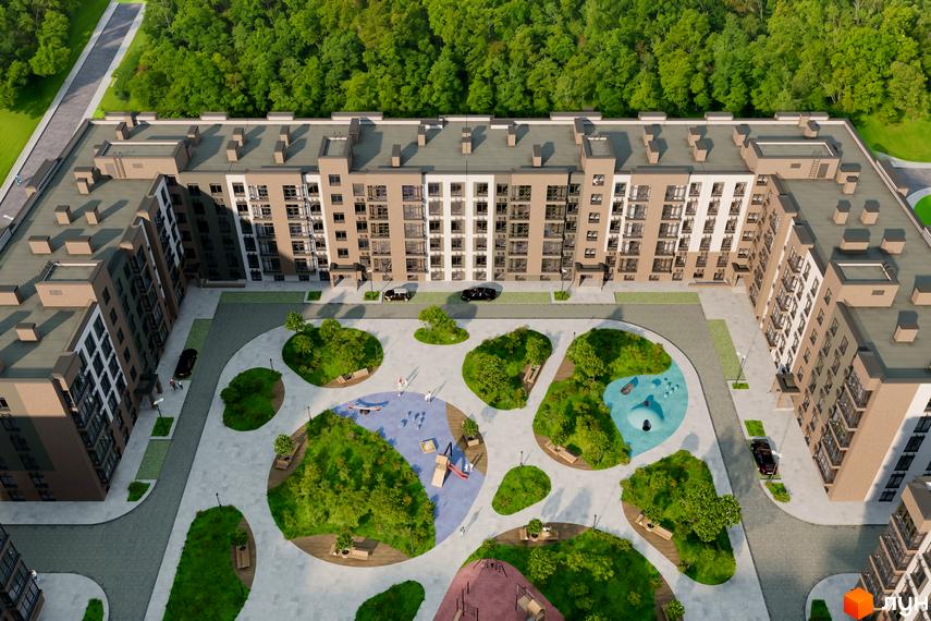 Новобудова Комфортне містечко Residence з внутрішнім двориком, дитячим майданчиком та зонами відпочинку. Зовнішній вигляд будинку та прибудинкова територія.