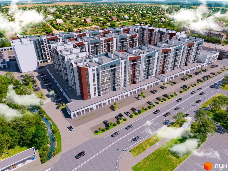 Житловий комплекс Aventura: багатоповерхові будинки з білими, сірими та коричневими фасадами, парковки та зелені насадження навколо.