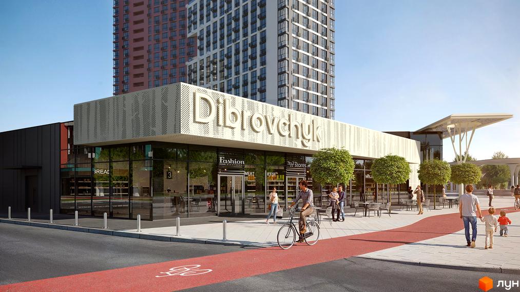 Житловий комплекс Dibrova Park із фасадом з перфорованих панелей та зеленою прибудинковою територією. Зовнішній вигляд новобудови з магазинами та пішохідною зоною.