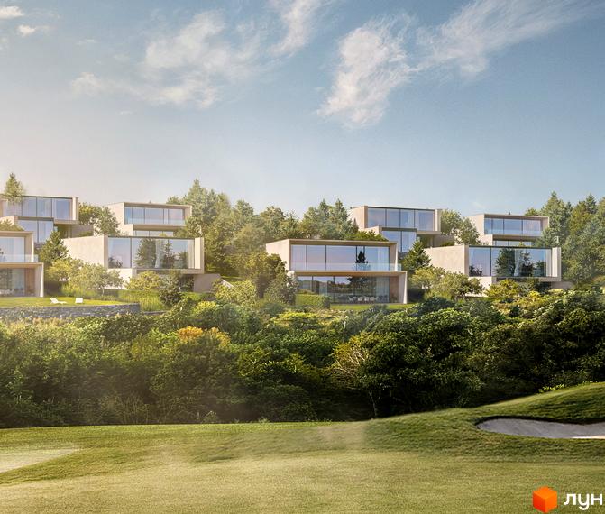 Lion Hills Villas - комплекс будинків з панорамними вікнами на схилі пагорба, оточений зеленню. Перед будинками - доглянута територія з газоном та місцями для відпочинку.