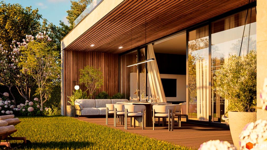 Lion Hills Villas - екстер'єр будинку з терасою та обідньою зоною, зелена галявина та дерева.